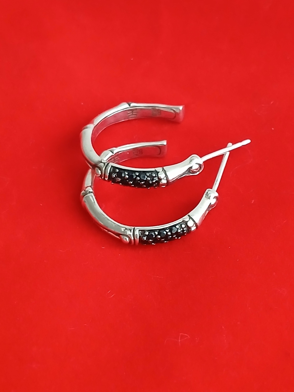 JOHN HARDY BLACK SAPPHIRE GEMSTONE BAMBOO 925 STERLING SILVER HOOPS ~ 1" Vintage